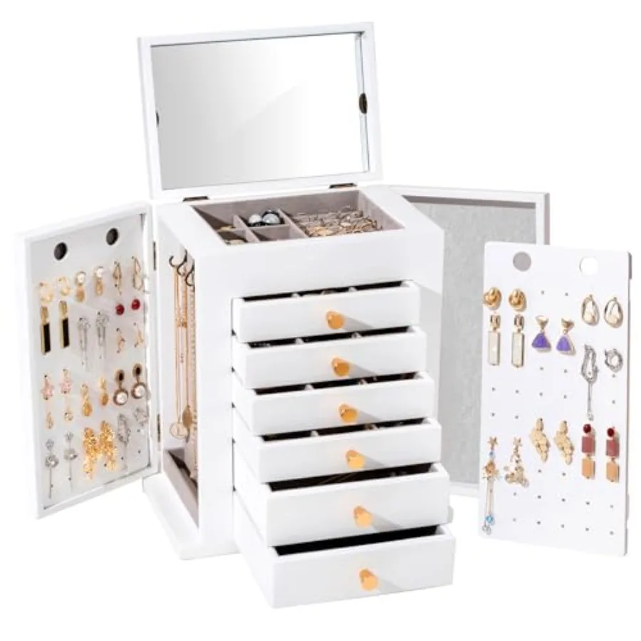 Large Jewelry Box Wooden Jewelry Boxes for Women Jewellery Holder Organizer Storage Case with Mirror for Earrings Bracelet Neck