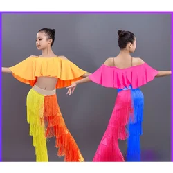 2pcs-Latin Dance Dresses Ballroom Ruffled Top Fringe Tassels Dress Pants Fringes Salsa Samba Costume Kids Latin Dance Clothes