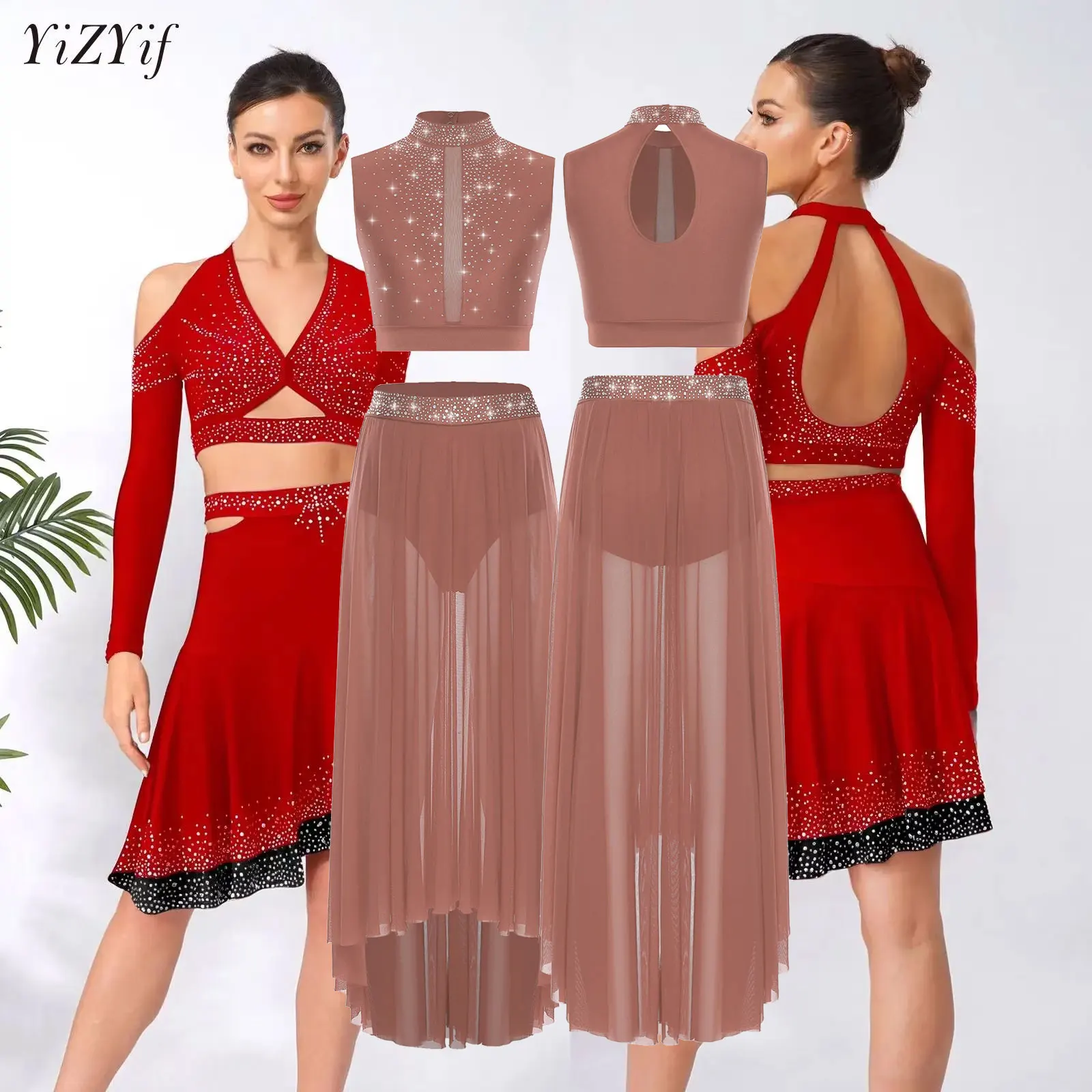 

Women Lyrical Contemporary Dance Set Rhinestones Crop Top Mesh Sides Cut Skirt Gymnastics Ice Skating Ballet Performance Outfit