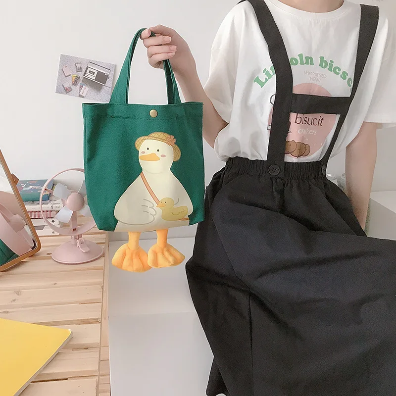 New Large Women Shoulder Shopper Bag Cute Duck Cartoon Print Casual Kawaii Canvas Tote Shopping Bag Cotton Cloth Eco Handbags