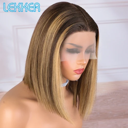 Imagen 2 del producto Lekker resaltado marrón corto recto Bob 13x1 T parte encaje frontal 100% pelucas de cabello humano para mujeres cabello Remy brasileño liquidación