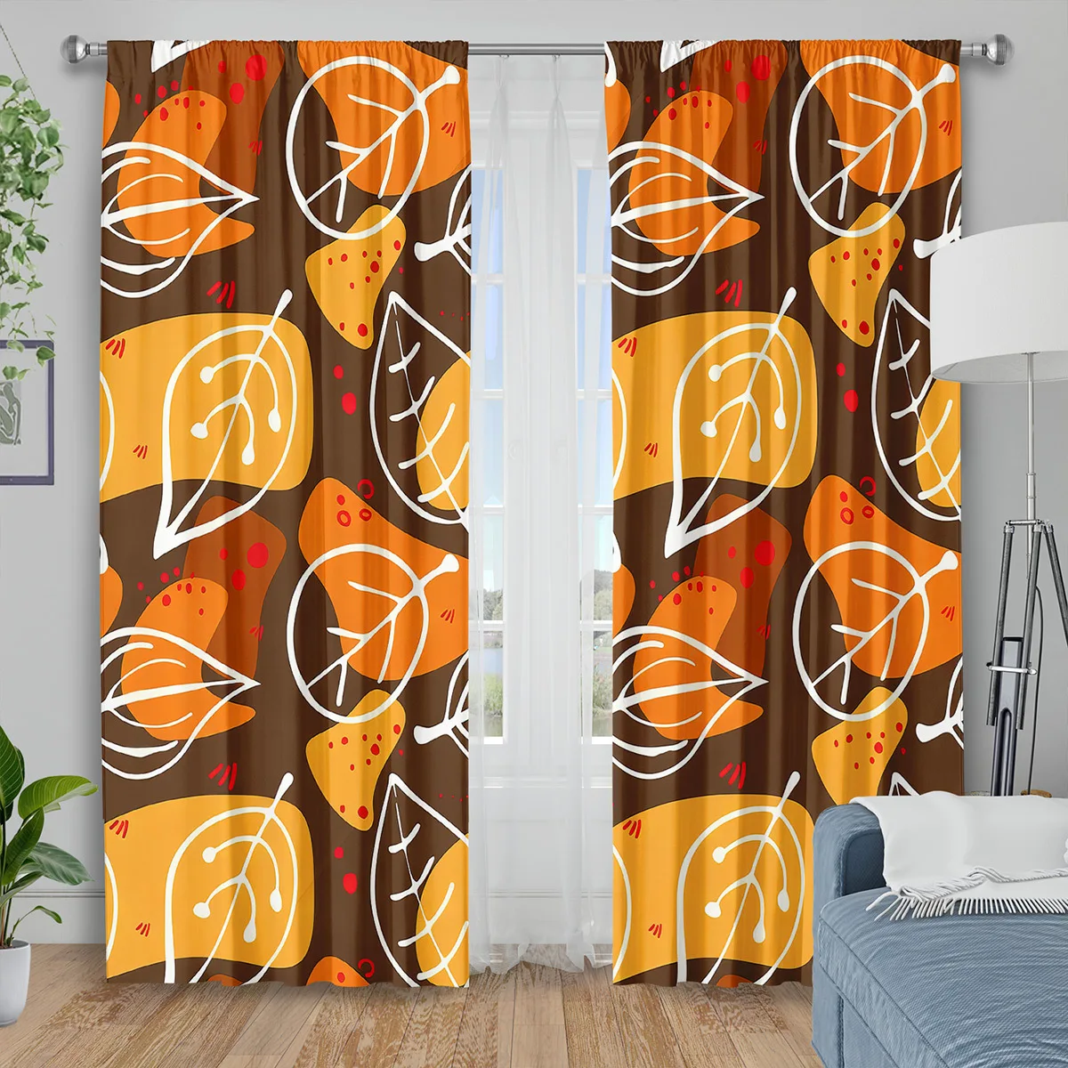 Autumn Leaves Print Curtains, Orange Brown Geometric Fall Foliage Blackout Drapes for Living Room Retro Nature Home Decor Window