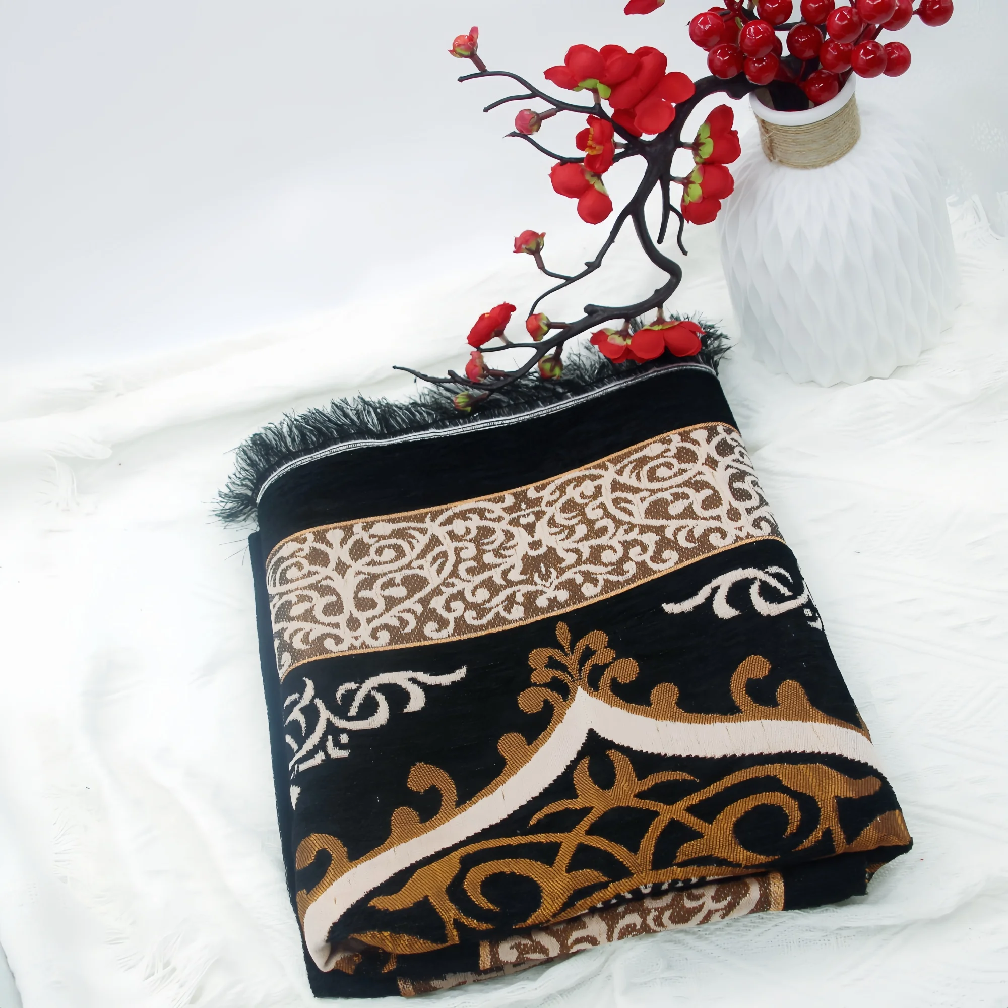Light Luxury Black Sky House Chenille Prayer Rug, Thick Soft Printed Prayer Mat, Portable Travel Worship Carpet