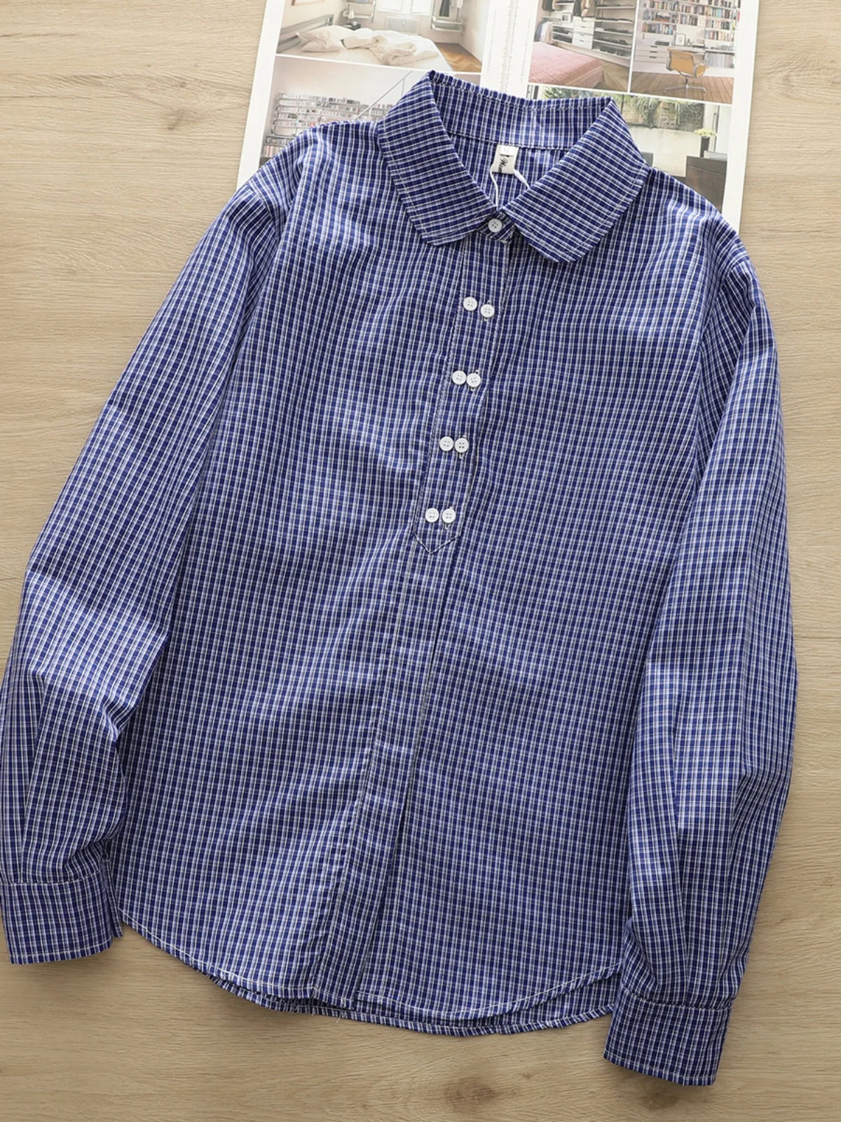 Preppy Plaid Long Sve Women's irt Base Layer Spring Autumn plus Size Overhead Trendy Button up Cotton Blend Commute Sle