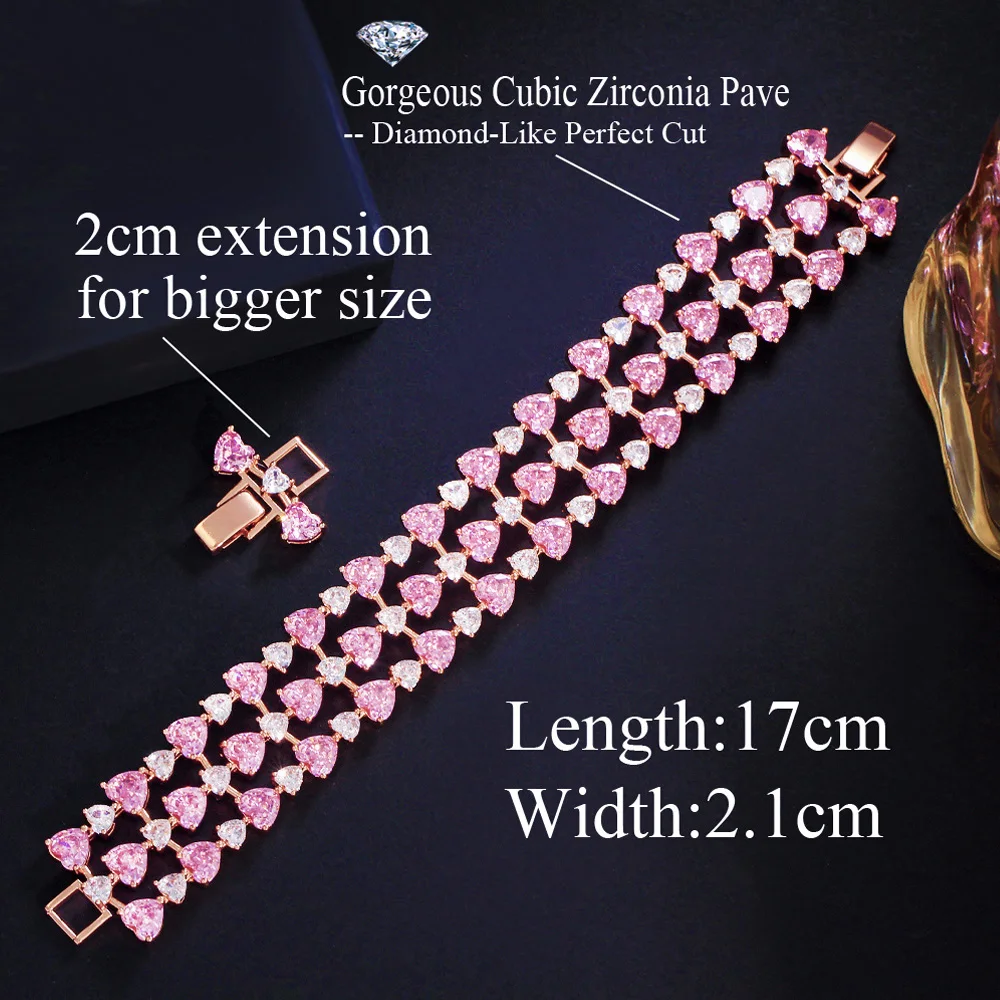 Pera Romantic Pink and White CZ Crystal Love Heart Charm Large Wide Rose Gold Color Bracelet for Bride Wedding Jewelry Gift B247