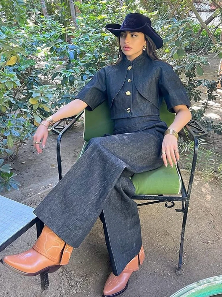 

Elegant Denim Jacket Pant Suit Women Stand Short Sleeve Button Cropped Top High Waist Wide Leg Pants 2-Piece Set Lady's Outfits