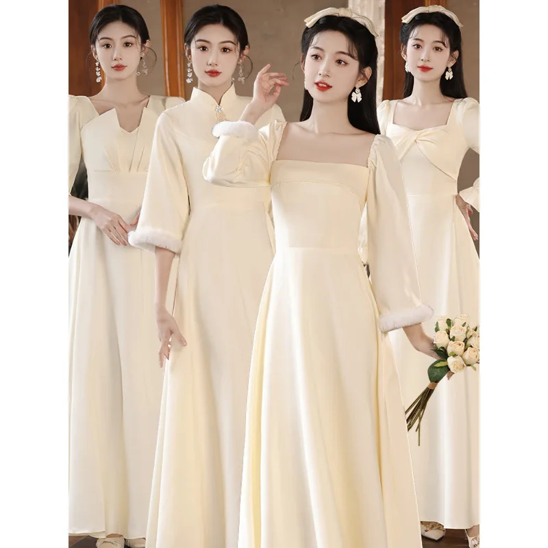 Chinese Style Bridesmaid Dress New Spring Champagne Group Women's Satin Niche High-Grade and Autumn