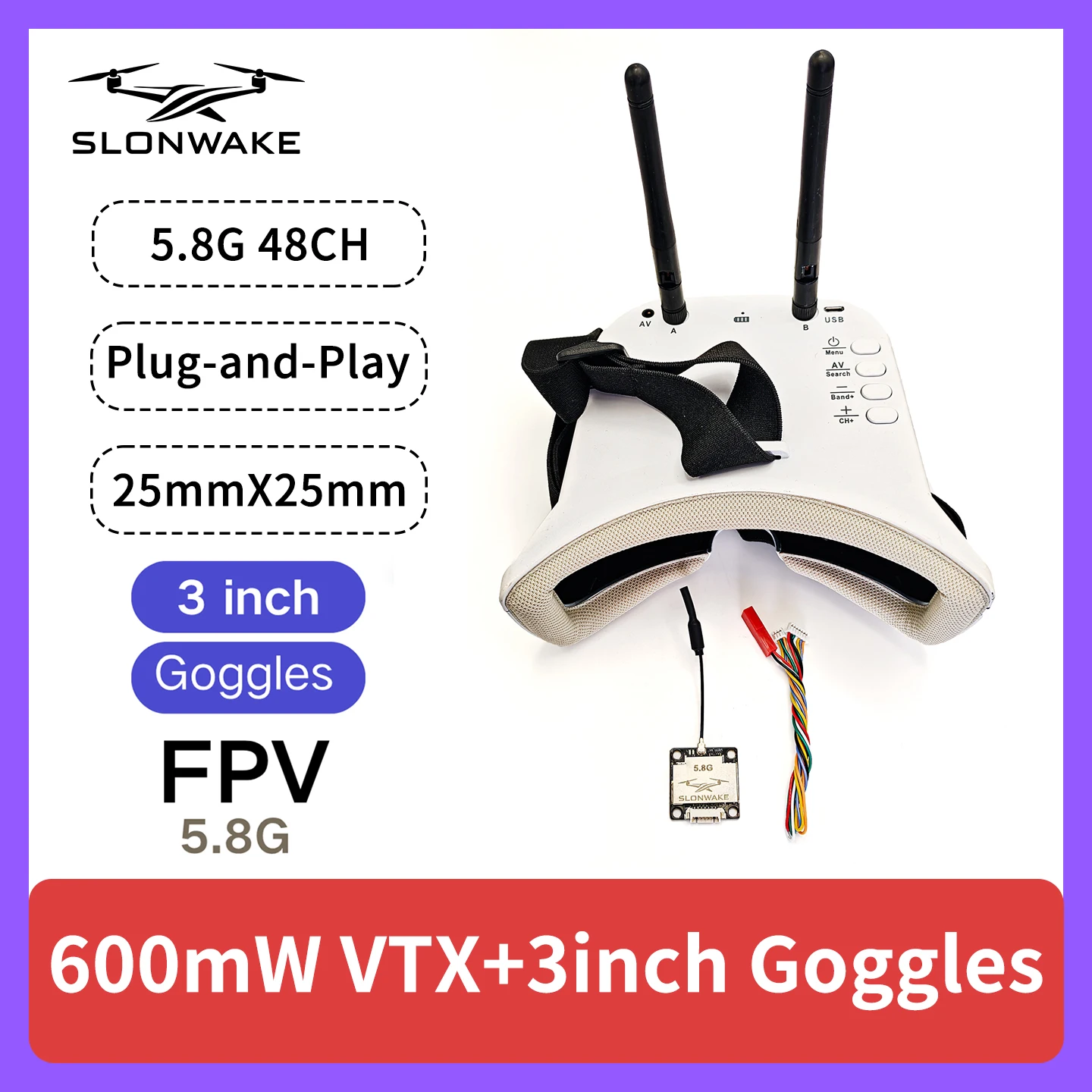 

SLONWAKE 5.8G 48CH FPV 600mw VTX with 3inch Monitor for Racing Drones RC Cars Model Aircraft Fixed-Wing Drone Acc