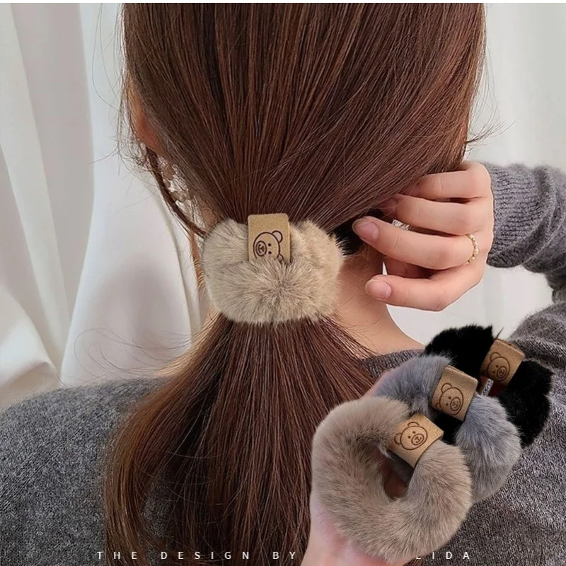 Autumn and Winter Plush Patch Bear Towel Ring Hair Tie Korean Style Hair Accessories Headband Thick High Elastic Hair Rope