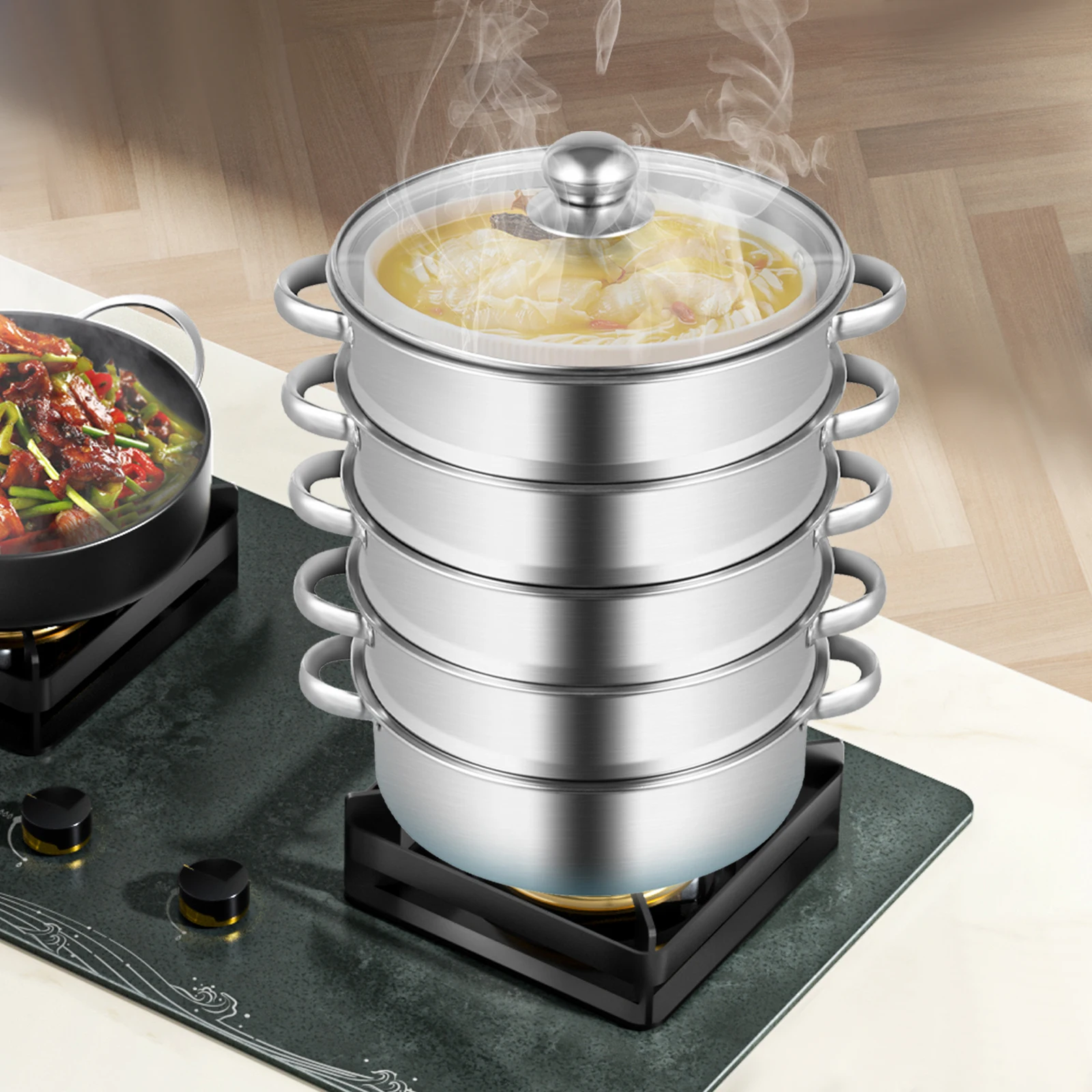 

5-уровневая пароварка из нержавеющей стали со стеклянной крышкой для приготовления рыбы, креветок, крабов, булочек, супов и многого другого