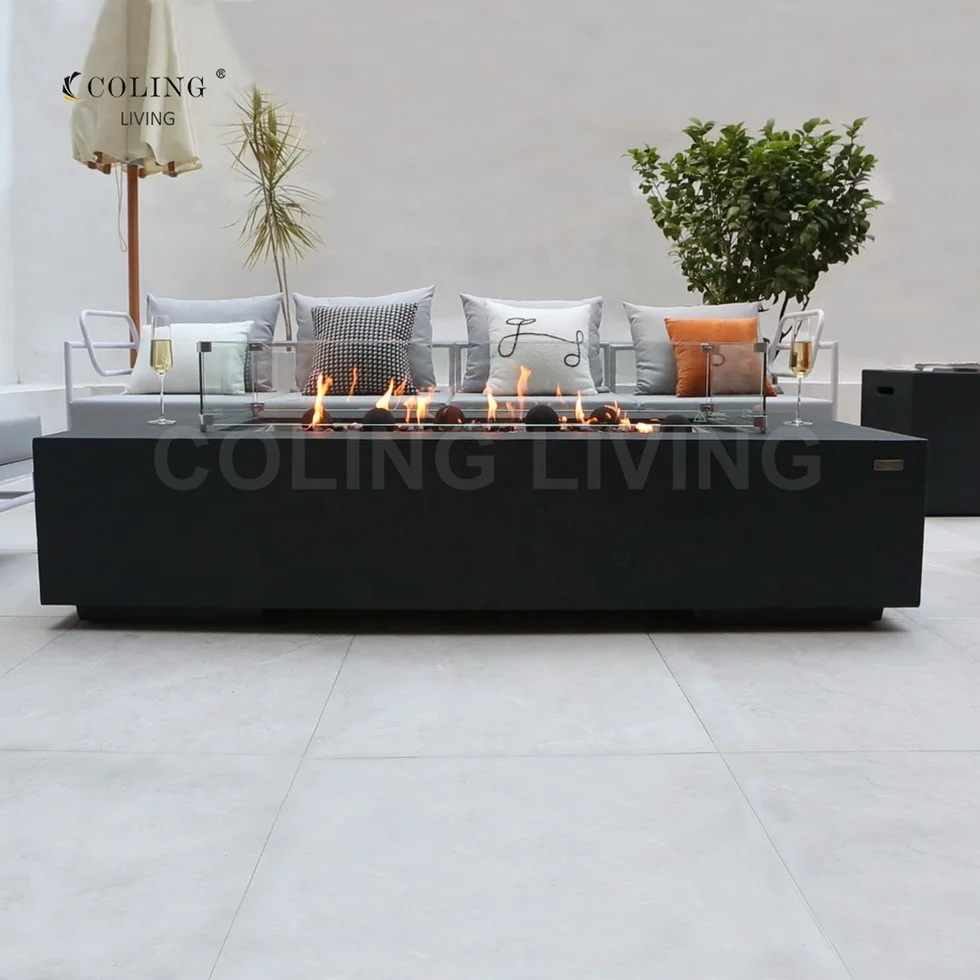 Gas Fire Pit Table, 72 Inch GFRC, Modern Linear Fireplace, Ventless Concrete Propane Heater with Remote Control, Villa