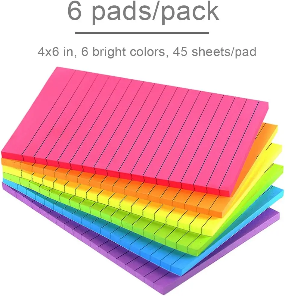 Lined Sticky Notes 3x5/4x6/6X8 in Bright Ruled Post Stickies Colorful Super Sticking Power Memo Pads Its Strong Adhesive, 5 Pads