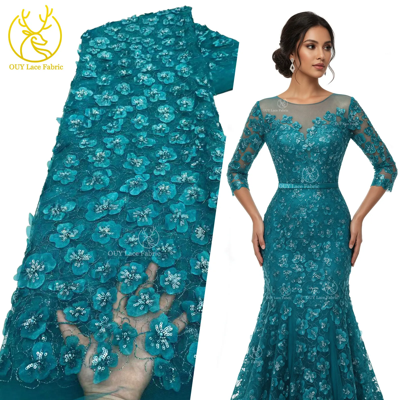 

3D Appliqué Embellished Wedding Gown Sequin Fashion Dress Lace Fabric 2026 African Beaded Bridal 5-Piece Sewn Lace Fabric