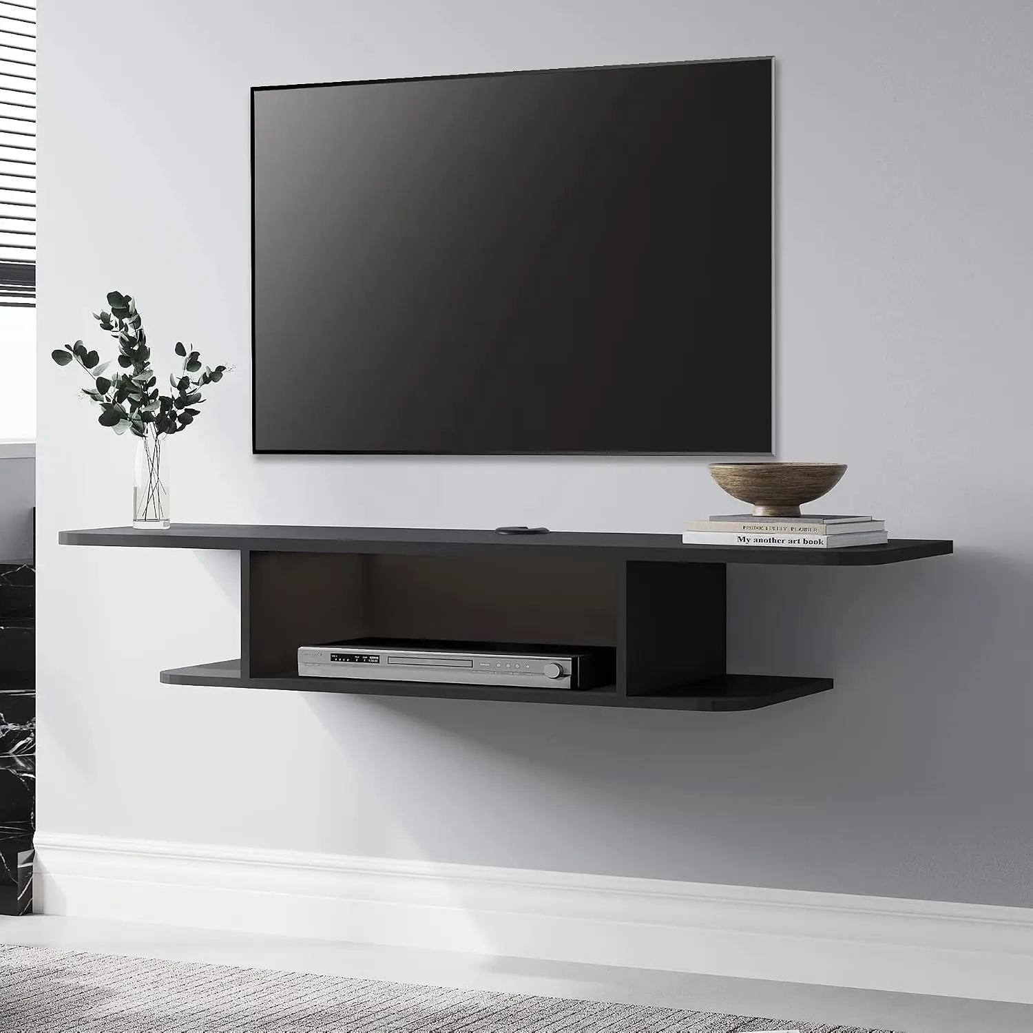 Black Floating TV Stand 55 Inch TV Media Shelf Open Storage Cable Management Wall Mount Entertainment Center Living Room, Custom