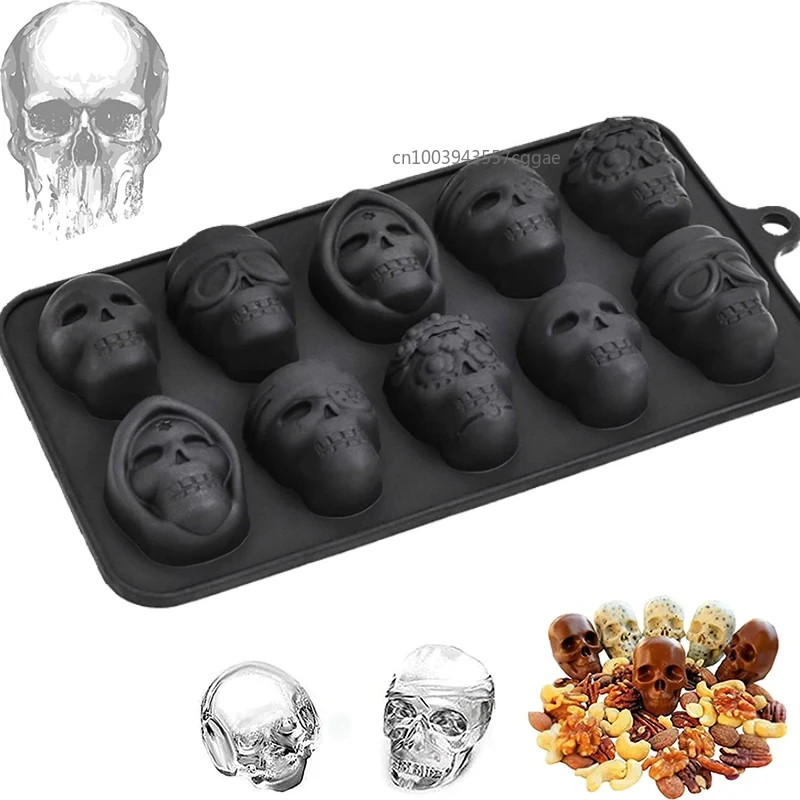 Halloween 10 Cells 3D Skull Ice Cube Mold Silicone Ice Cube Tray Ice Cube Maker DIY Whiskey Ice Ball Mold Chocolate Pastry Mould