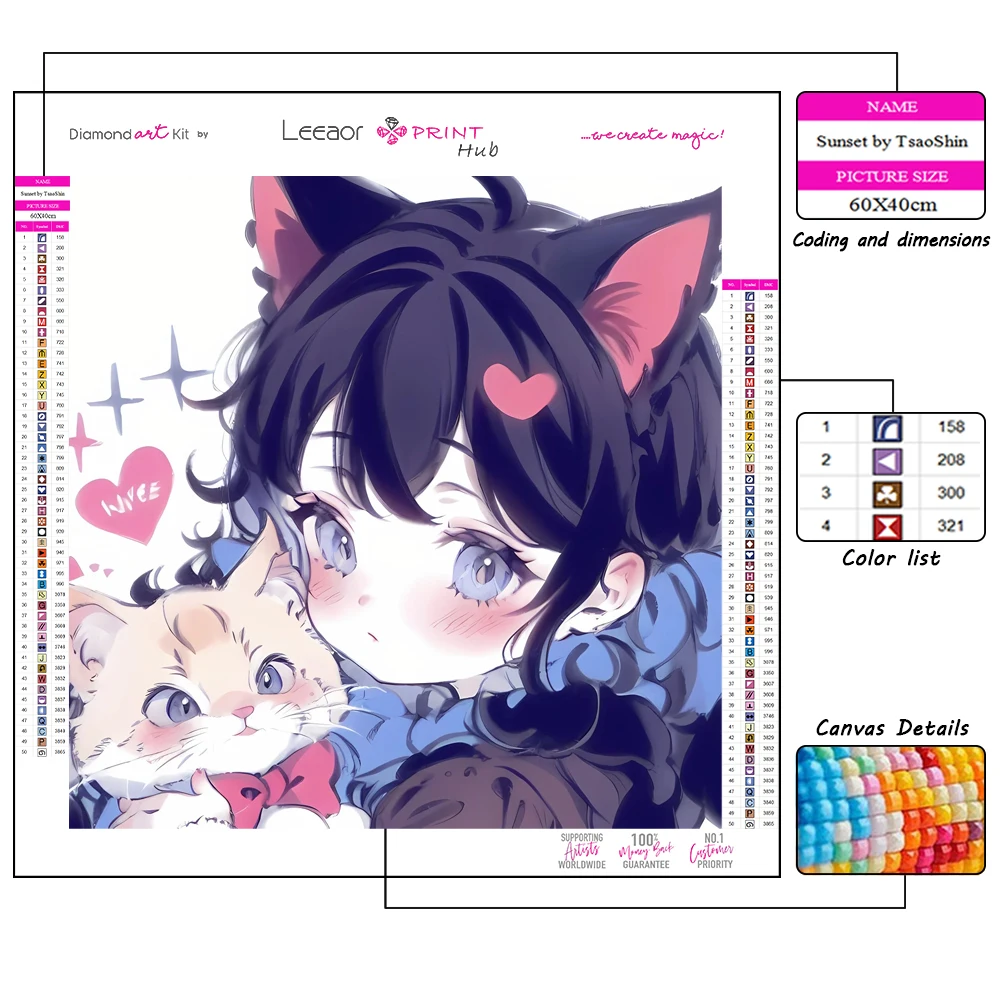 5d Diy Cartoon Diamond Painting Cat Ears Girl Holding Cat Cartoon Square Diamond Mosaic Embroidery Cross Stitch Kits Home Decor