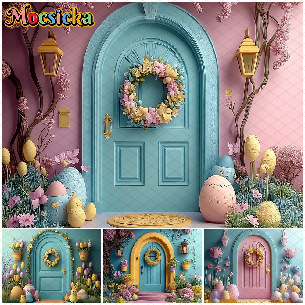 Mocsicka Easter Photography Background Spring Flowers Grass Door Pattern Wallpaper Party Supplies Birthday Decors Photo Backdrop