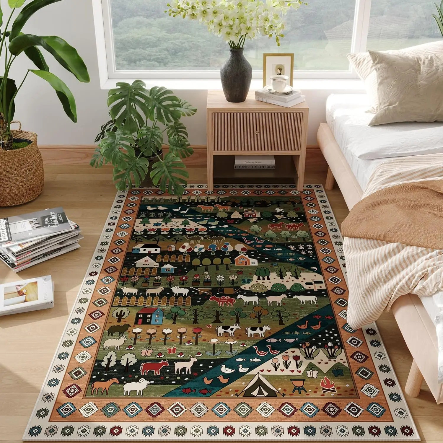 Bedroom Rug Rug Washable Area Rug Non Slip Low Pile Nomadic Animal Small Carpet for Bedroom, Bedside,Kitchen,Entryway, Kids Room