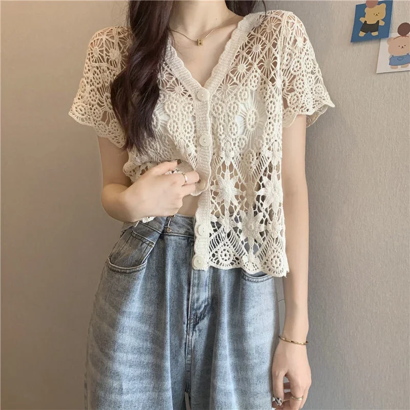 Shawl Knitted Cardigan Women\'s Summer Short Sleeved Thin Top with Skirt Blouse Vintage Clothes for Women Tops Shirts Blouses