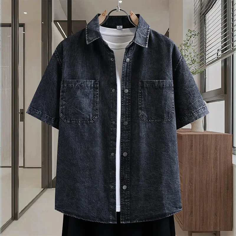 Immagine 5: Camicia in Denim Sottile da Uomo, Nuova Moda Estiva, Traspirante, in Misto Cotone, Manica Corta, Tinta Unita, per Uso Quotidiano e Streetwear