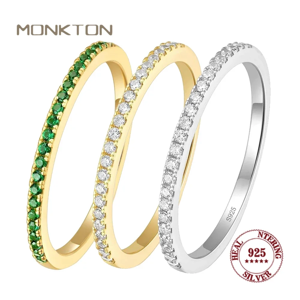Monkton 1.6mm Srebrne Pierścionki Zaręczynowe Próby 925 dla Kobiet, Złota Obrączka Ślubna z Diamentami 14K, Pół-wieczna Obrączka dla Dziewczyny, Prezent Biżuteryjny