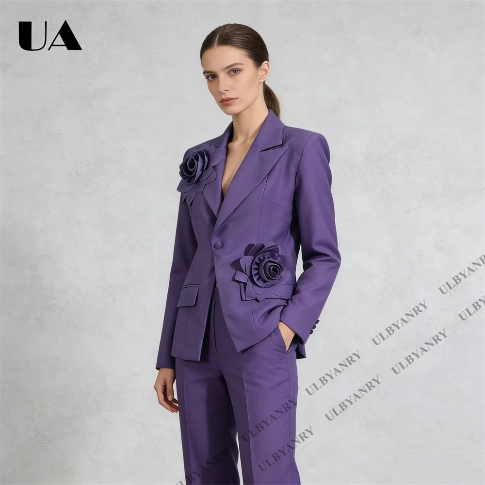 Women’s Blazer Purple Long Sleeve 3D Rose Applique Single Button, Notched Lapel, Tailored Office & Party Jacket Party Prom Suit