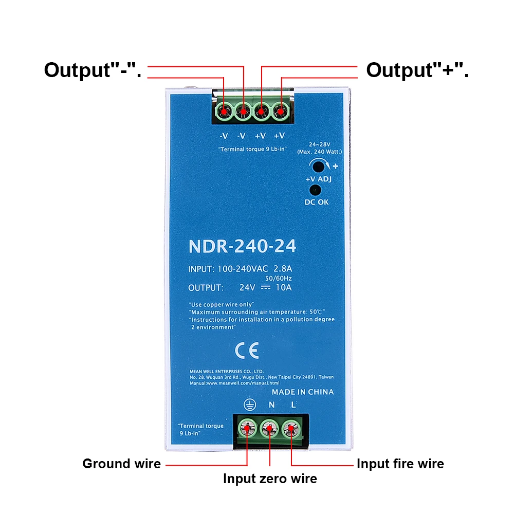 Cloweit NDR 240W 24V 48V Industrial DIN Rail Type Single Group Output Transformer 240VAC Switching Power Supply