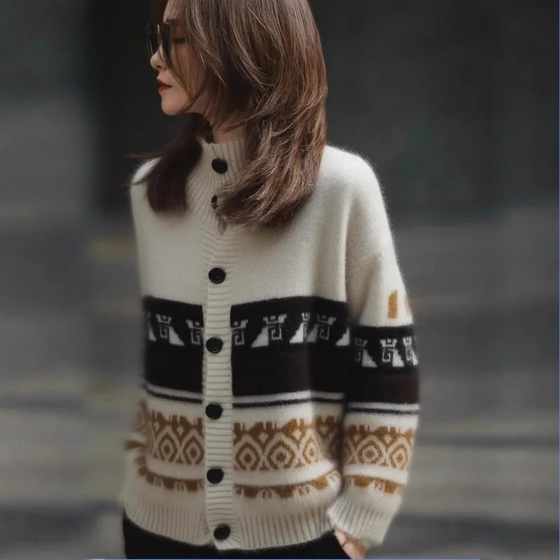 

Новинка 2025, осенне-зимний женский кардиган с круглым вырезом, свитер из 100% мериносовой шерсти, вязаная универсальная куртка с длинными рукавами и цветными блоками