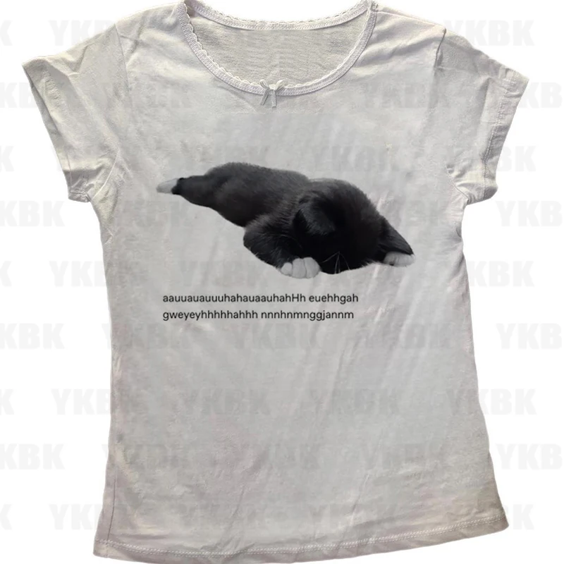 الجمالية القوطية الشرير الطفل المحملة خمر الشارع المرأة عادية طباعة القط كيتي تي شيرت Y2k الملابس لطيف سليم المحاصيل القمم قميص سليم #5