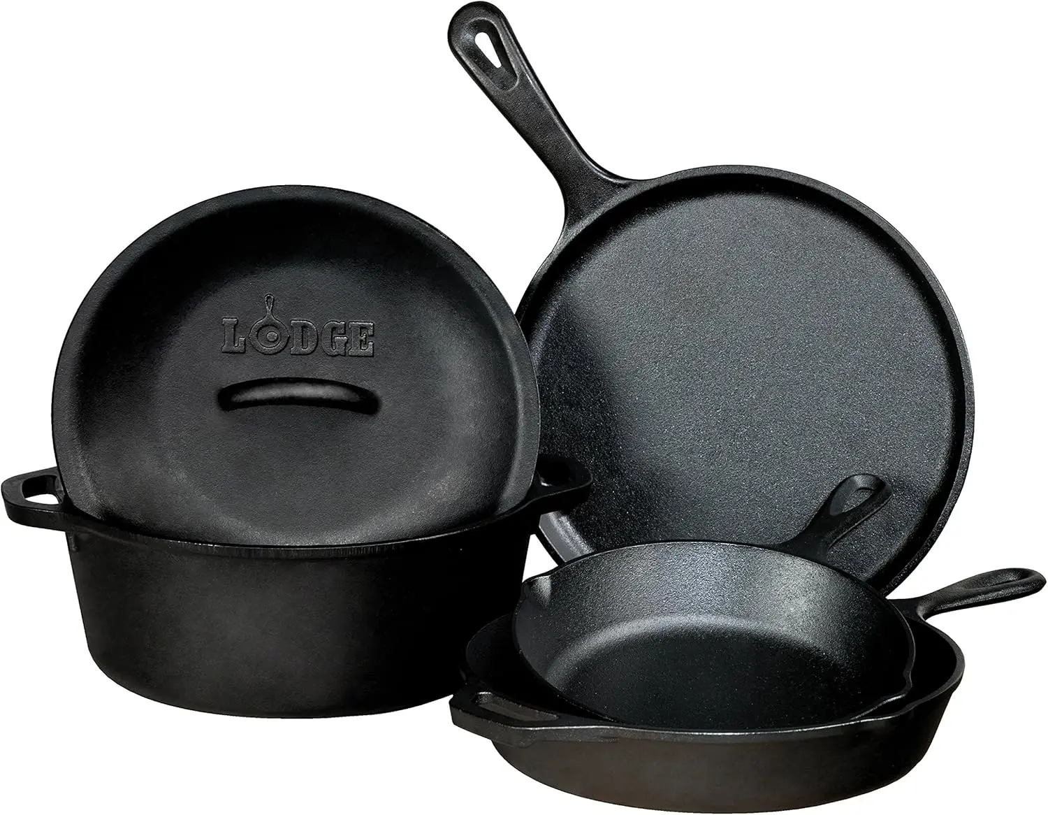 

Lodge Seasoned Cast Iron 5 Piece Bundle. 10.5" Griddle, 8" Skillet, 10.25" Skillet, 10.25" Dutch Oven, and 10.25" Lid,Black