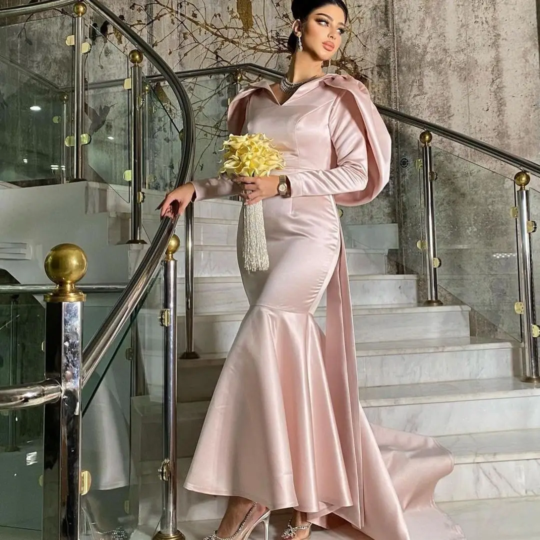 Elegant Mermaid Evening Dresses Pink Floor Length Long Sleeves Prom Dresses Sweep Train Saudi Arabia Women's Formal Dress