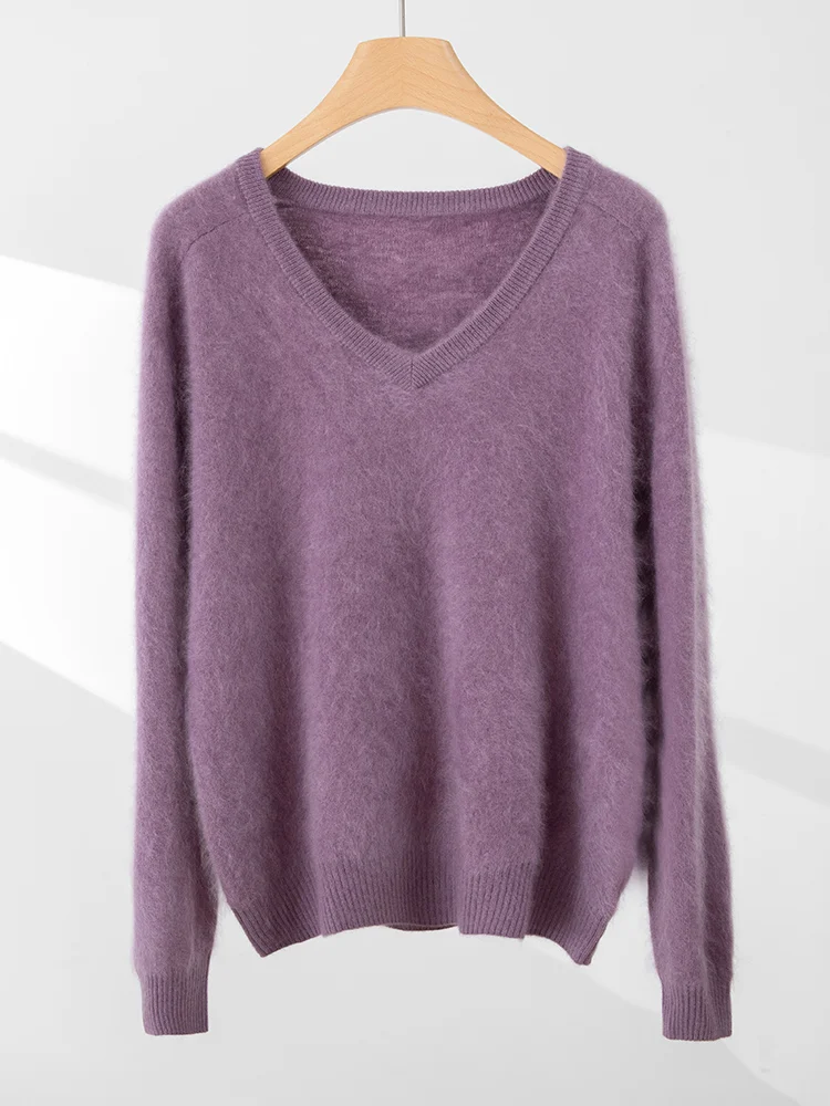 Women 100% Cashmere Sweater Fleece V-Neck Pullovers Sweater Fleece Knit Winter New High-End Clothes Long Sleeve Warm Solid Tops