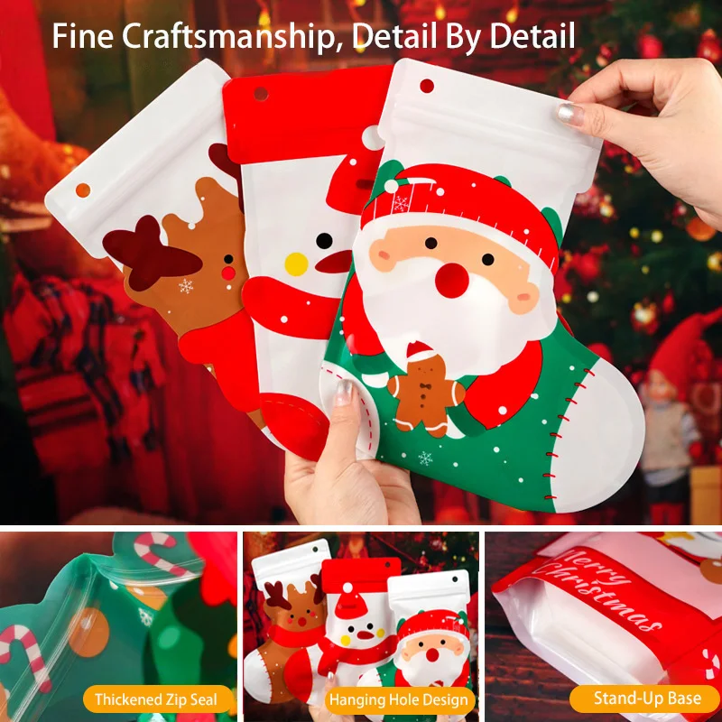 10pcs Christmas Stocking Gift Bag Cartoon Candy Packaging Pouches  Waterproof Reusable Kids Hanging Hole Holiday Party Favor