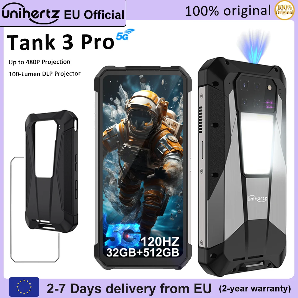 Unihertz Tank 3 Pro 8849 Smartphon robuste Android 14 avec projecteur 100 Lumens 36GB RM 512GB ROM 23800mAh batterie 5G étanche