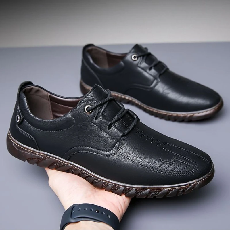 Men's Autumn New Soft Bottom Business Dress Casual Shoes Breathable Stitched Flat Leather Footwear