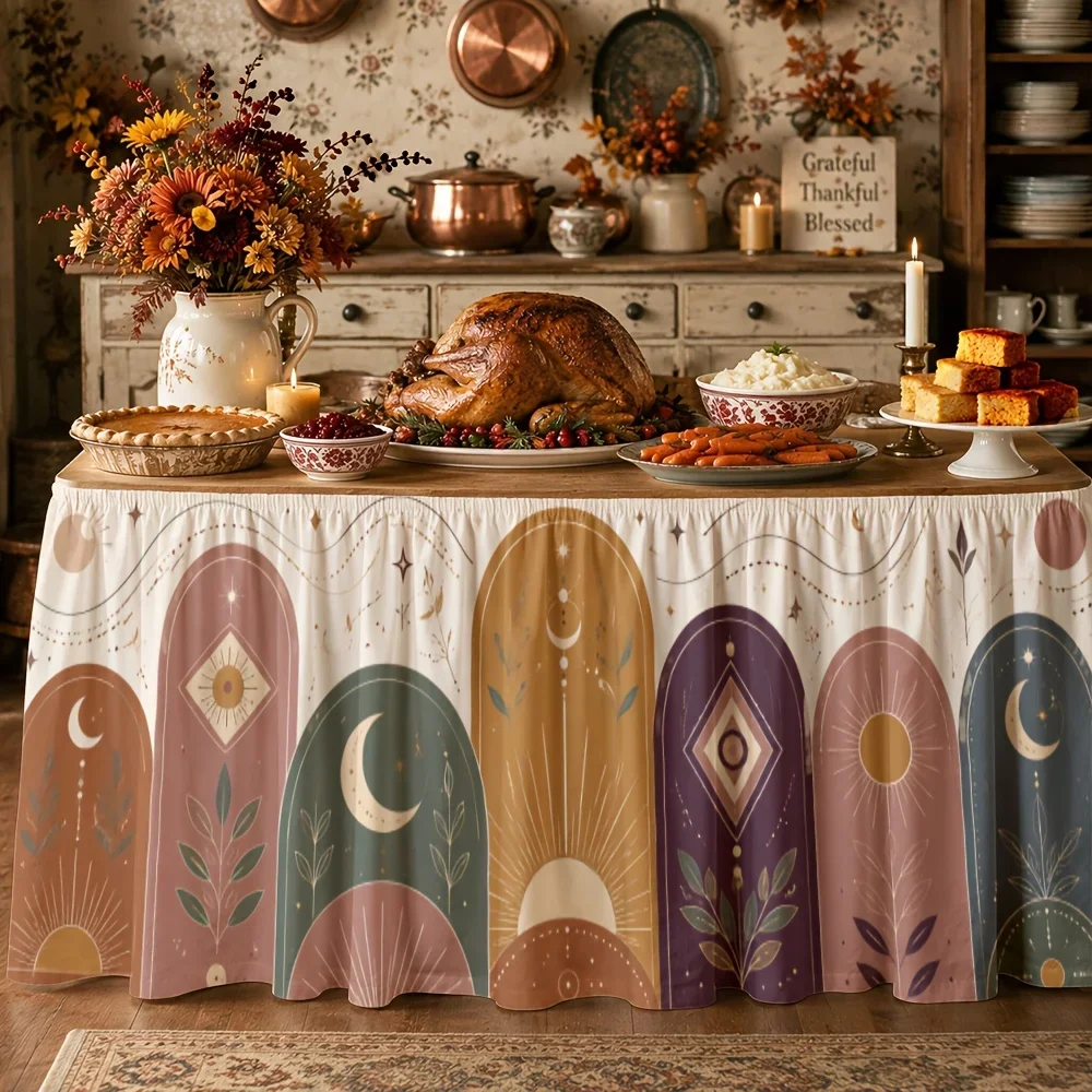 Tablecloth/ Tablecloth Skirt 1 piece. Bohemian celestial archway moon sun diamond plant print polyester material.xzj