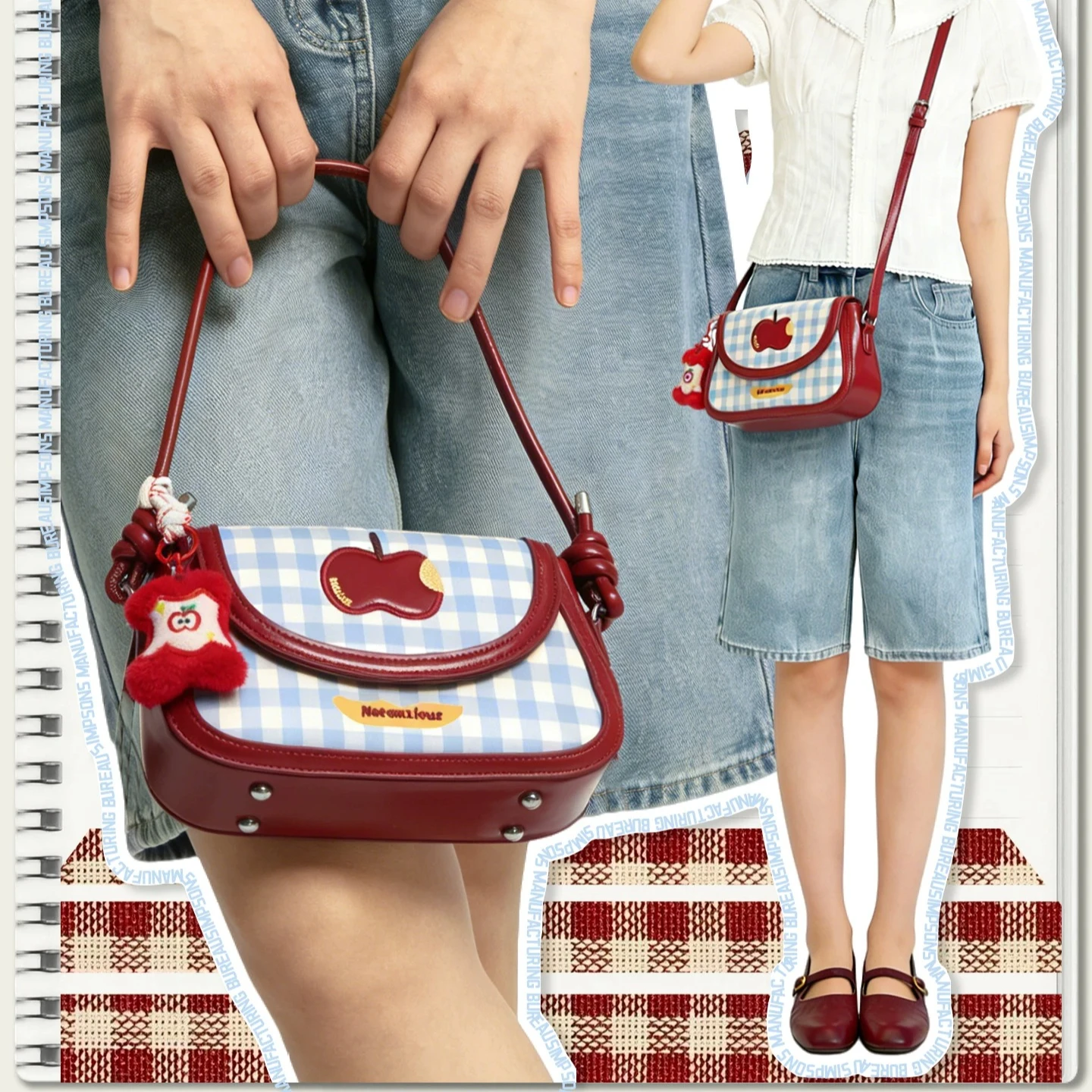 Blue Black Gingham Check Cute saddle  Crossbody  magnetic snap Wine Red Trim  Flap Purse Y2K Vintage Shoulder Bag for Women Girl