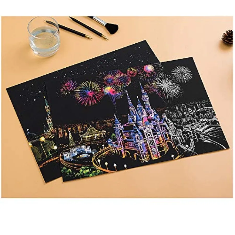 2 PACK Scratch Art Rainbow Painting Paper, Sketch Pad DIY Night View Scratchboard for and Teens, Engraving Art and Craft Set, S