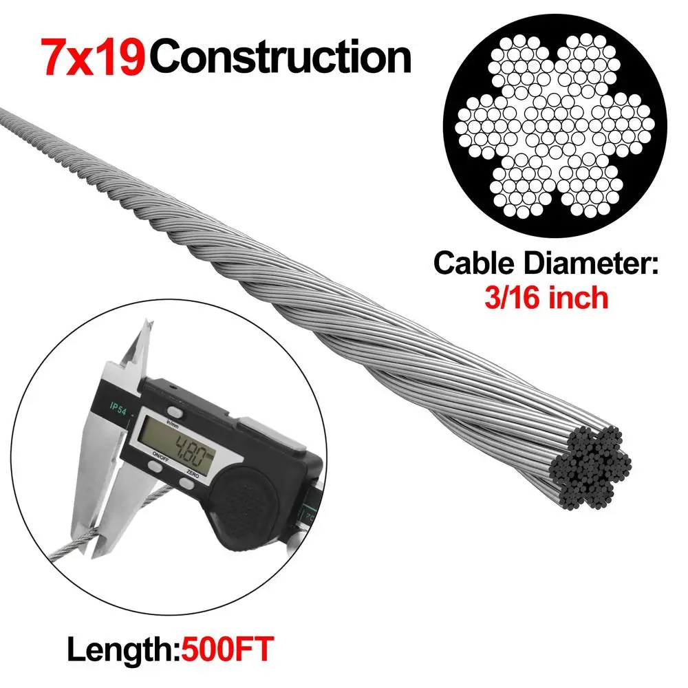 500FT 304 Stainless Steel Cable Decking Railing 3/16 inch 7x19 Strand 3700lbs Breaking Exercise Winches Control Cables Shade