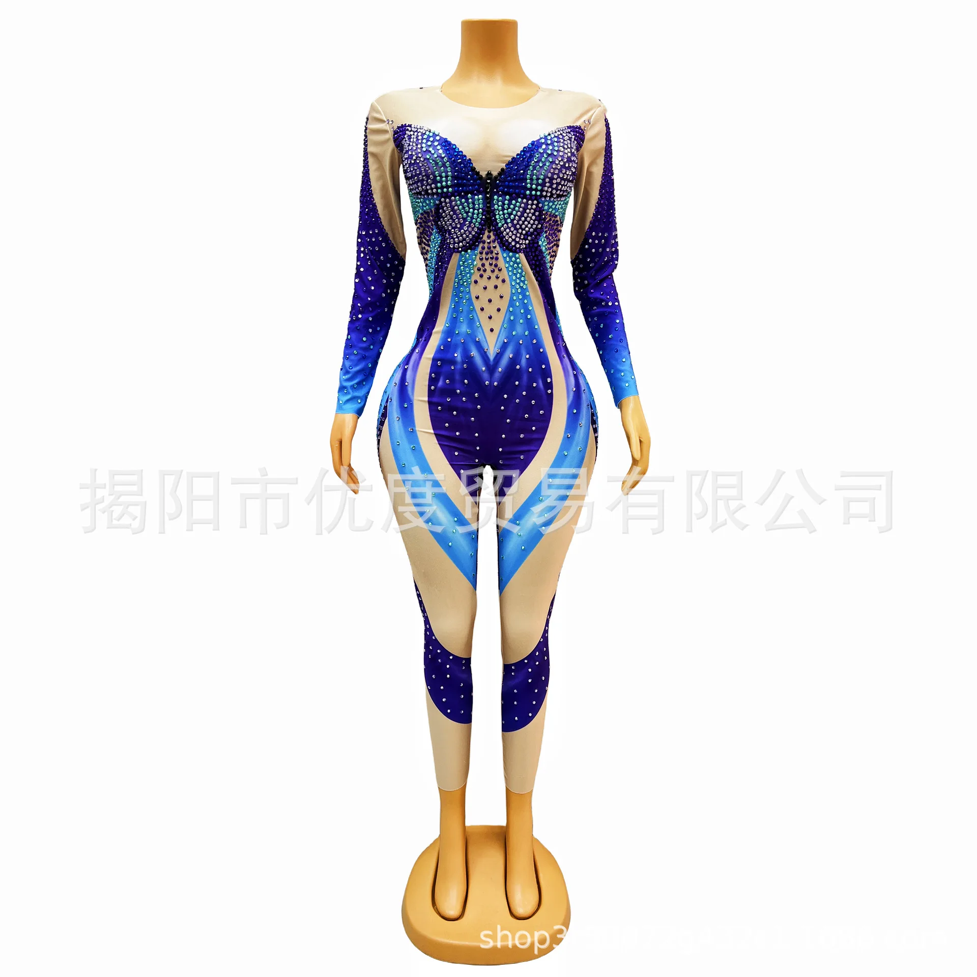

2026Design Sense Long Sleeve Shiny Rhinestone Jumpsuit Female Singer Night DJ Reception Party Performance Uniform Blue Butterfly