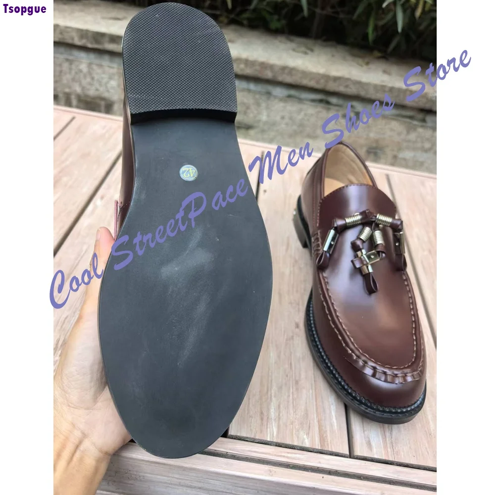 Men Dark Brown Leather Tassel Loafers Metal Spring Fringes Decor Slip On Wedding Formal Dress Shoes Business Party Men Shoes