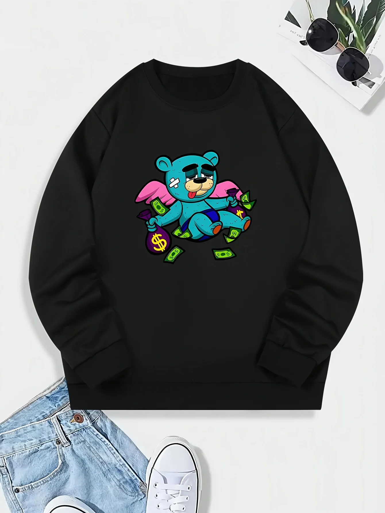 

Мужская повседневная толстовка с круглым вырезом и принтом «Маленький медвежонок», трикотажная ткань из 100% полиэстера, слегка эластичность, свободный крой