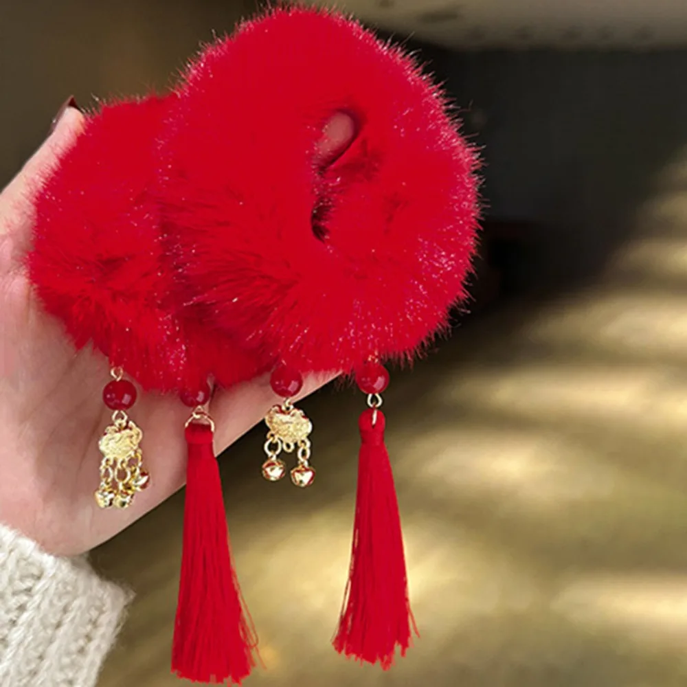 

2pcs Ancient Style New Year's Red Plush Hair Rope Universal Elastic Girl Hair Ties with Tassel Chinese Children Hair Band