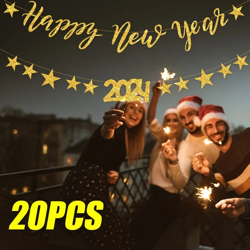 

20PCS Happy New Year 2024 Banner Happy New Year Banner 2024 Pentagram Flower New Year Party Decoration Christmas Decoration