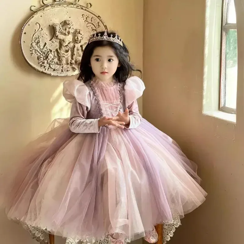 Rapunzel Princess Autumn/Winter Velvet Dress Halloween Carnival Fantasy Girl' Cosplay Dress Bubble Sleeves Birthday Dress