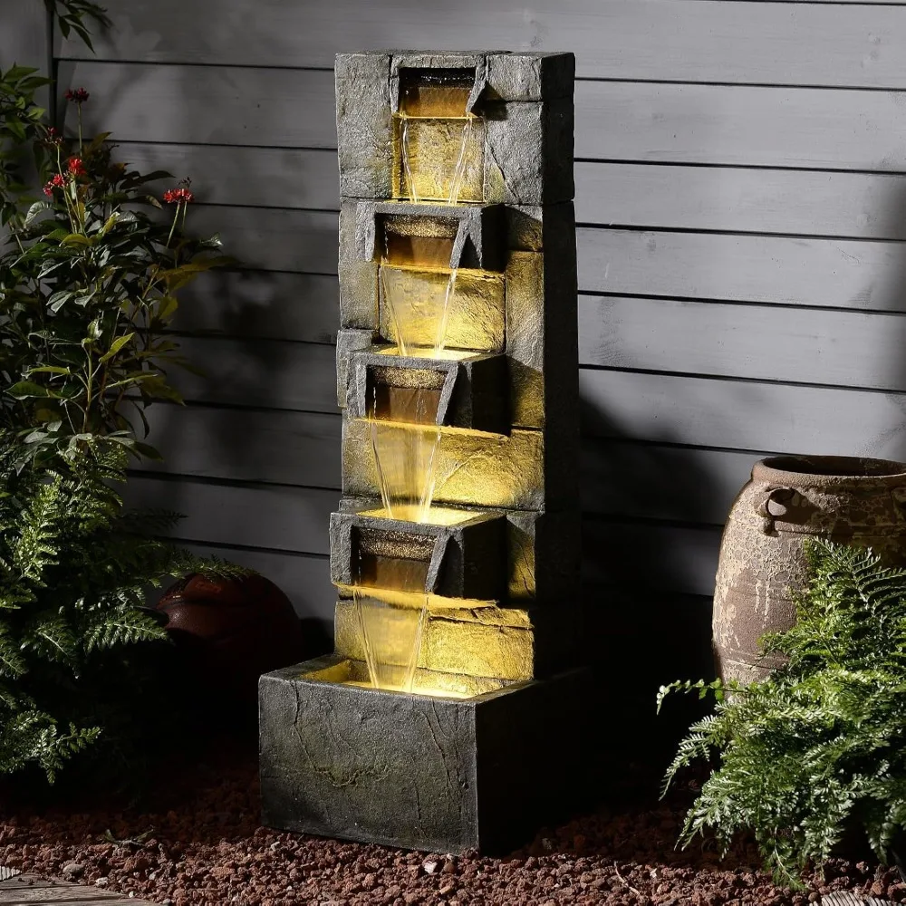 

Многоуровневый уличный фонтан для сада - 41-дюймовые фонтаны для патио, уличная функция воды с подсветкой, каскадный водопад из смолы Fea