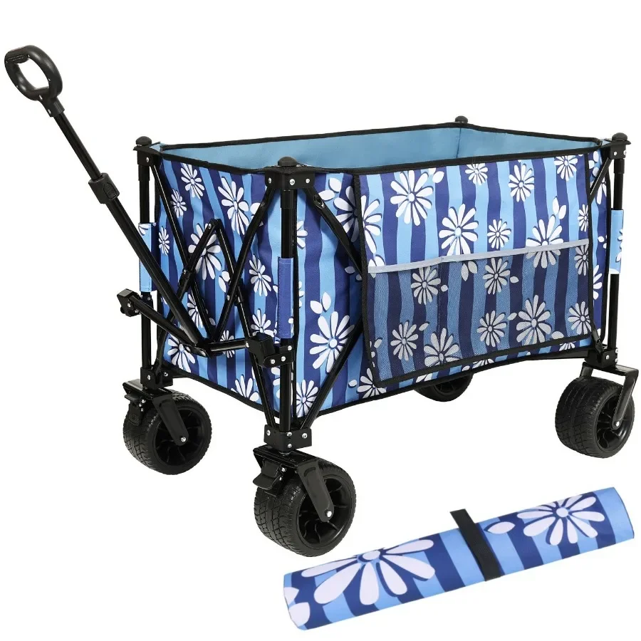 

Heavy-Duty 480lbs Folding Wagon Cart with Bonus Picnic Mat - All-Terrain Beach Wheels Drink Holders Brakes and Side Pocket for