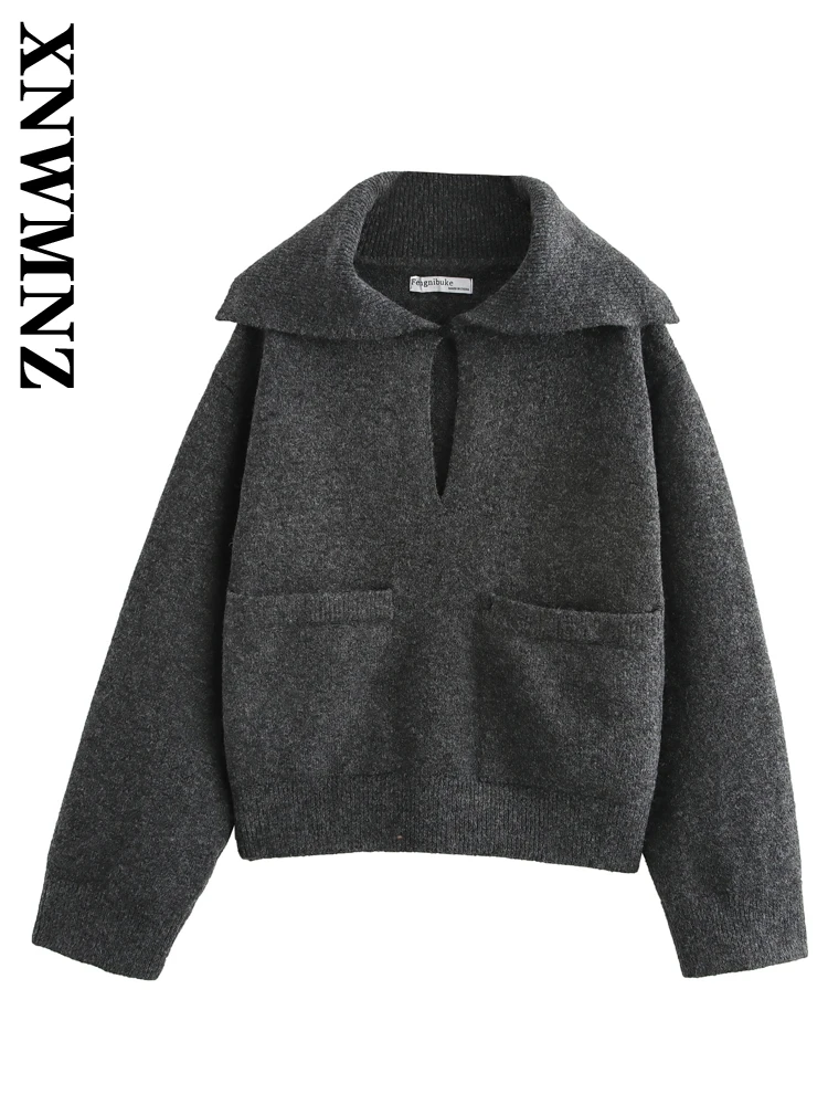 XNWMNZ 2024 Autumn New Woman Fashion Turn-down Collar Knitted Top Jumper Chic Winter Female Grey Long Sleeve Pullover Sweater