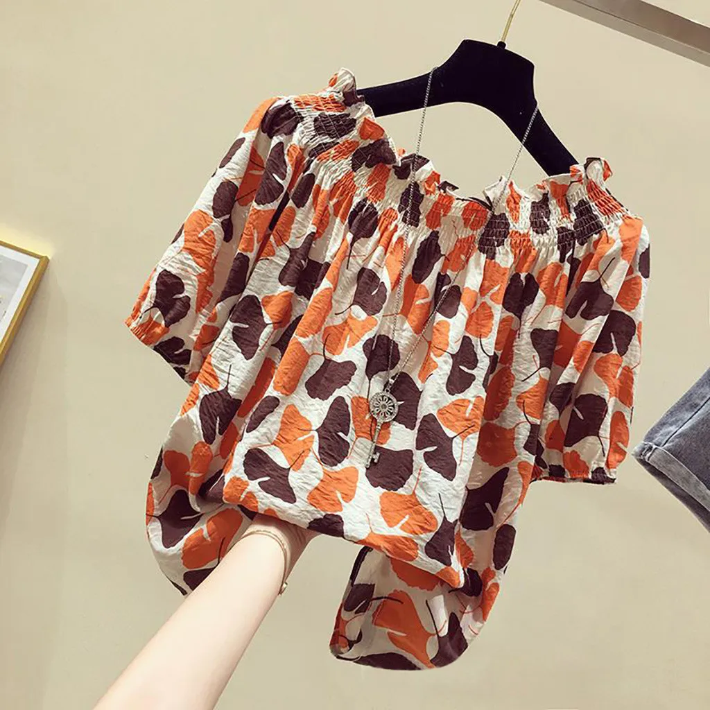 Floral Print Chiffon Chic Bohemian Slash Neck Strapless Women\'s Blouse Shirt Short Sleeve Loose Pullover Blouses Summer 2024