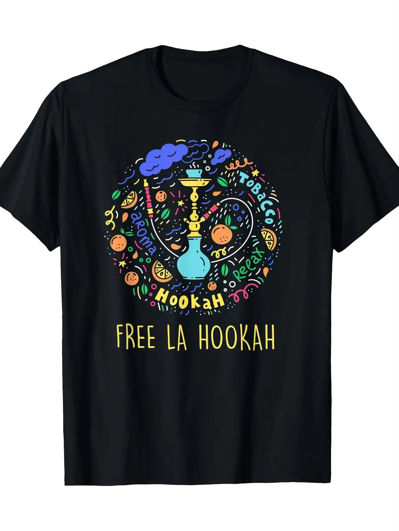 

Men's Casual Sarcastic Free La Hookah Graphic T-Shirt - 100% Cotton 220gsm Black Tee with Colorful Shisha Design, Short Sleeve R